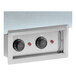 A stainless steel wall mounted control panel with two dials for a Delfield drop-in hot food well.