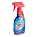 A red and blue OxiClean Max Force stain remover spray bottle.