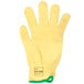 A yellow Cordova cut resistant glove with a green band.