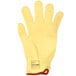 A yellow knit glove with a red band.