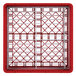 A red plastic Vollrath Traex plate rack with metal grids.