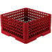 A red plastic Vollrath Traex Plate Crate with metal rods.