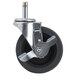 A black metal swivel castor with a metal wheel and a metal screw.