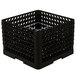 A black plastic Vollrath Traex Plate Crate with a silver metal grate.