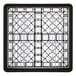 A black metal frame with a grid pattern holding a black crate with white plates inside.