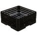 A black plastic basket with silver wire racks.