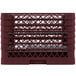 A burgundy Vollrath Traex plate rack with 19 compartments.