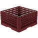 A burgundy plastic Vollrath plate rack with silver metal rods.
