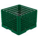 A green plastic Vollrath Traex Plate Crate with metal rods.