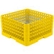 A yellow plastic Vollrath Traex Plate Crate with metal wire racks.