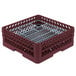 A burgundy plastic Vollrath Plate Crate with white metal dividers.