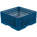 A blue plastic Vollrath Traex plate rack with a white metal grate.
