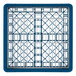 A royal blue plastic crate with a silver metal grid inside.