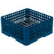 A blue plastic Vollrath Traex Plate Crate with white metal rods.