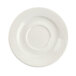 A close-up of a CAC Garden State bone white porcelain saucer with a swirl pattern.