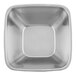 A square silver stainless steel bowl with a red interior.