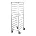A metal 12-pan end load bun or sheet pan rack with wheels, shown unassembled.