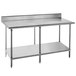 A stainless steel Advance Tabco work table with a galvanized undershelf.