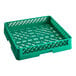 A Vollrath Traex green plastic flatware rack with holes.