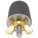 A black and gold metal screw with a brass nut.