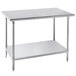 An Advance Tabco stainless steel work table with a galvanized undershelf.