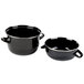 Two black Hendi enameled steel mussel pots with handles.