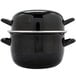 A black Hendi enameled steel mussel pot with two handles and a lid.