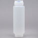 A white plastic bottle with a blue cap.