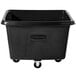 A black Rubbermaid plastic cube truck with wheels.
