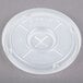 A white Dinex plastic lid with a straw slot and a cross in the center.