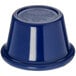 A blue Carlisle melamine ramekin with text on it.