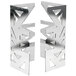 Two silver metal Eastern Tabletop L shaped display risers with geometric designs.