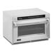 An Amana commercial steamer microwave oven on a counter with the door open.