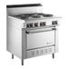 A commercial stainless steel electric restaurant range with four sealed burners and a standard oven.