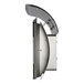 A silver metal heat deflector with a curved top and a door with a handle.