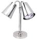 A silver chrome Eastern Tabletop double arm countertop heat lamp with two bulbs.