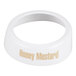 A white plastic salad dressing dispenser collar labeled 'Honey Mustard' in beige lettering.