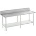 A stainless steel Advance Tabco work table with backsplash and undershelf.