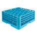 A blue plastic glass rack with 30 compartments and three extenders.