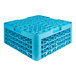 A blue plastic glass rack with 30 compartments and three extenders.