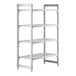 A white plastic Cambro shelving unit with four vented shelves.