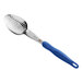 A Vollrath Jacob's Pride perforated basting spoon with a blue Ergo Grip handle.