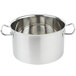 A silver Vollrath Intrigue sauce pot with two handles.