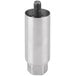 A silver metal Avantco stainless steel leg with a black screw.
