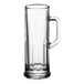 A clear glass mug with a handle.