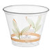 A clear 9 oz. squat cold cup with eco-friendly leaf designs and the Bare by Solo branding.