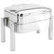 An Eastern Tabletop stainless steel square chafer with a hinged dome cover on a pillar'd stand.