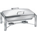 An Eastern Tabletop rectangular stainless steel chafer on a silver stand with a hinged dome lid.