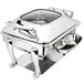 A silver stainless steel rectangular chafer with a lid on a stand.