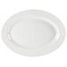 A white oval china platter with a curved edge.